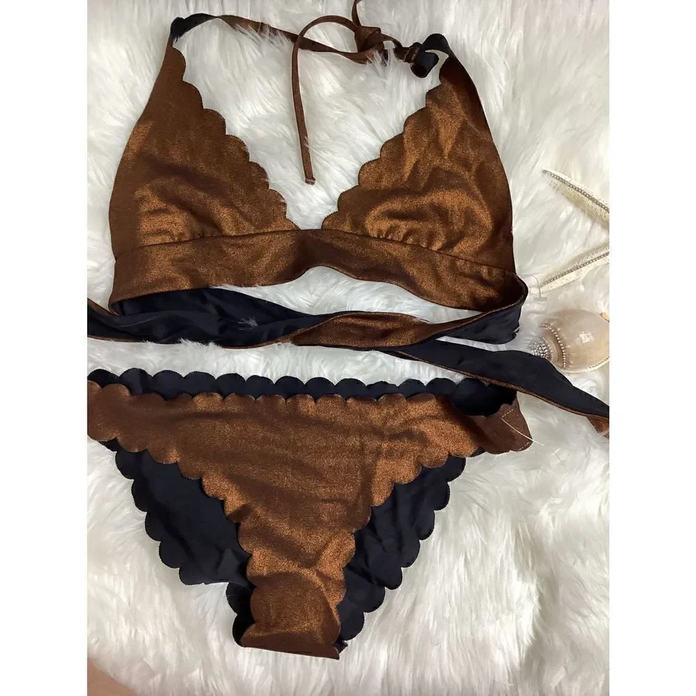 New. PilyQ Copper Reversible Wave bikini set. M-top/L-bottom. Runs small